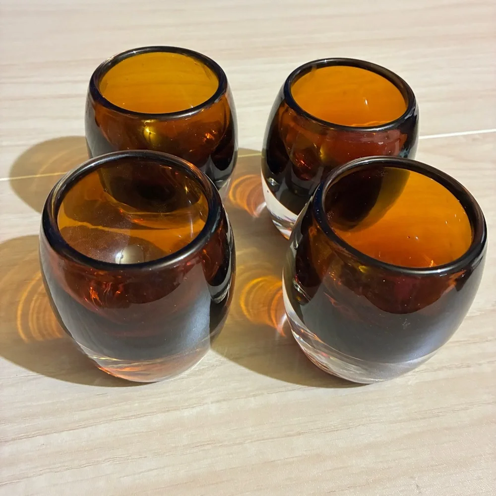 4 Crate & Barrel Diva Amber Topaz Votive Tea Light Candle Holders Set 3 1/4” Vtg